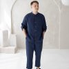 Mens linen loungewear two piece set / Custom ecru off white linen pant and shirt button up suit / Mens short sleeve shirt & pant set