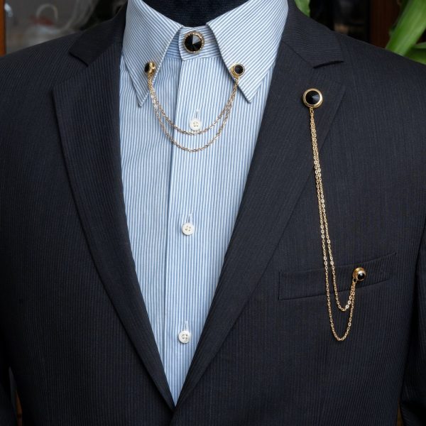 Handmade Black Stone Shirt Jacket Collar Chain Brooch Set, Lapel Pin,Shirt Chain Pin, Lapel Brooch,  Wedding Accessory, Gift For Him Men Dad