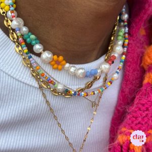 Colorful Chunky Pearl Necklace, Handmade Flower Beaded Statement Choker, Mixed Boho Bead Jewelry Gift for Women, Summer Accessory Must-Have