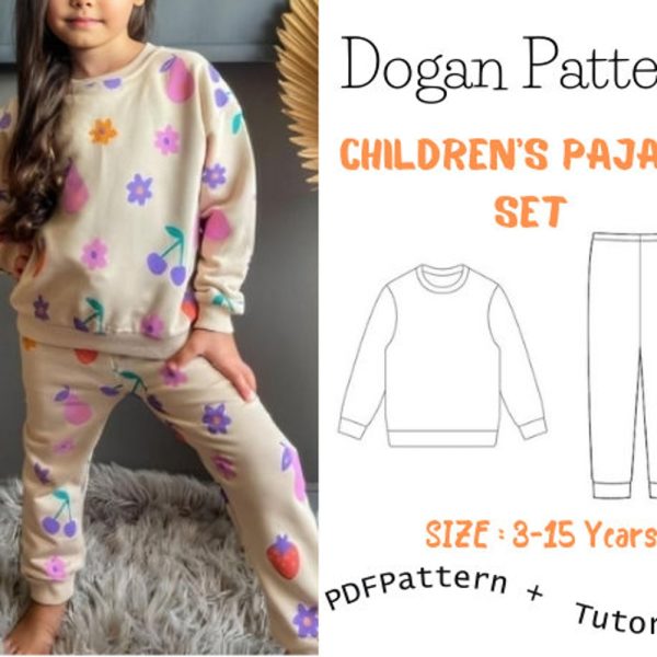 Children’s Pajama Set sewing pattern, Kid’s t-shirt and pants sewing pattern set, lounge set pattern  Sıze 3Y-15Y /Easy sewing project