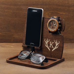 Personalised Gift for Man Him Husband Phone Stand Holder Charging Docking Station Tech Accessory Desk Organizer Handmade Father’s Day Gift