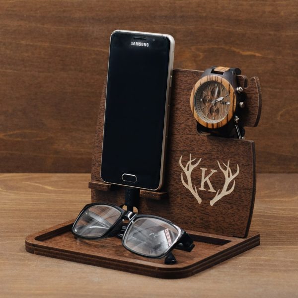 Personalised Gift for Man Him Husband Phone Stand Holder Charging Docking Station Tech Accessory Desk Organizer Handmade Father’s Day Gift