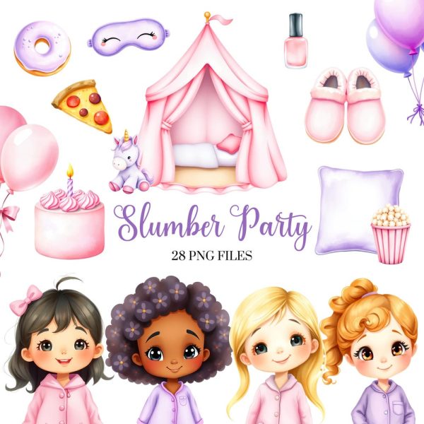 Slumber Party Clipart – Watercolor – Sleepover clipart – Pajama Party – Commercial license – Cute Clipart – Girl’s Birthday Clipart – PNG