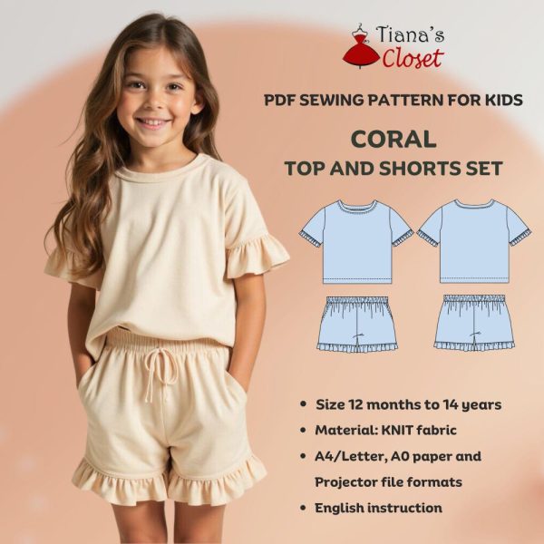 Coral ruffle top and shorts set – PDF sewing pattern for kids | Beginner friendly digital pattern for girls | Size 12 months to 14 years old