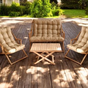 Premium Double-Sized Wooden Patio Chair Set – 2 Adjustable Garden Sun Loungers & Sofa, Folding Outdoor Furniture, Patio Sofa I Deckchair Set