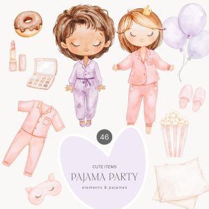 Pajama Party Clipart Set – Watercolor Pajamas – Clipart For Kids – Pamper Party – Cute Sleepwear – PJ Party – Sweets Clipart – Makeup