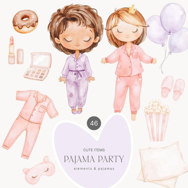 Pajama Party Clipart Set – Watercolor Pajamas – Clipart For Kids – Pamper Party – Cute Sleepwear – PJ Party – Sweets Clipart – Makeup