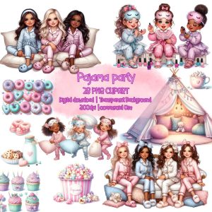 Girl pajama party clipart set, Glam girl clipart, Cute girl in pajama, Sleepover, Kids clipart, Slumber Party decor Invitaion Sublimation