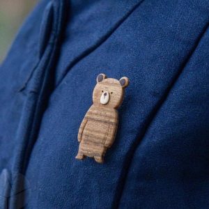 Little bear Pin Badge Brooch – Handmade and hand carved wooden pins – cute funny animal characters for clothes, jeans and bags
