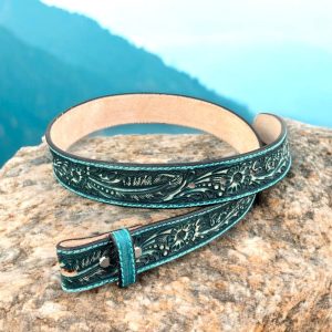 Hand Painted Green Floral Leather Belt Western Leather Belt For Women and Men, Cowboy Embossed Tooled Full Grain Leather, Engraved Belt Gift