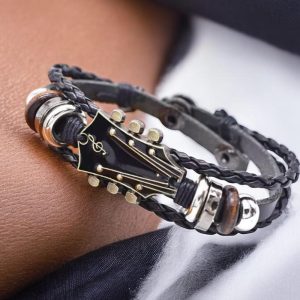 Braided Guitar Bracelet – Zinc Alloy Adjustable Buckle, Handmade Faux Leather, 3-Layer Punk Retro Wrist Jewelry