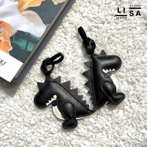Dinosaur Leather Charm Keychain – Handmade Black Leather Accessory for Bags, Backpacks & Keys, Cute Gift Idea for Personalized Style