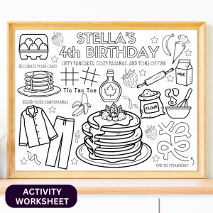 Pancakes Pajamas Party Activity Sheet, Printable Coloring Page, Kids Pajama Party Placemat, Pancake Birthday Activity, Sleepover Party Favor