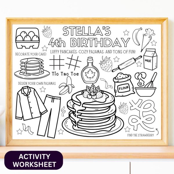 Pancakes Pajamas Party Activity Sheet, Printable Coloring Page, Kids Pajama Party Placemat, Pancake Birthday Activity, Sleepover Party Favor